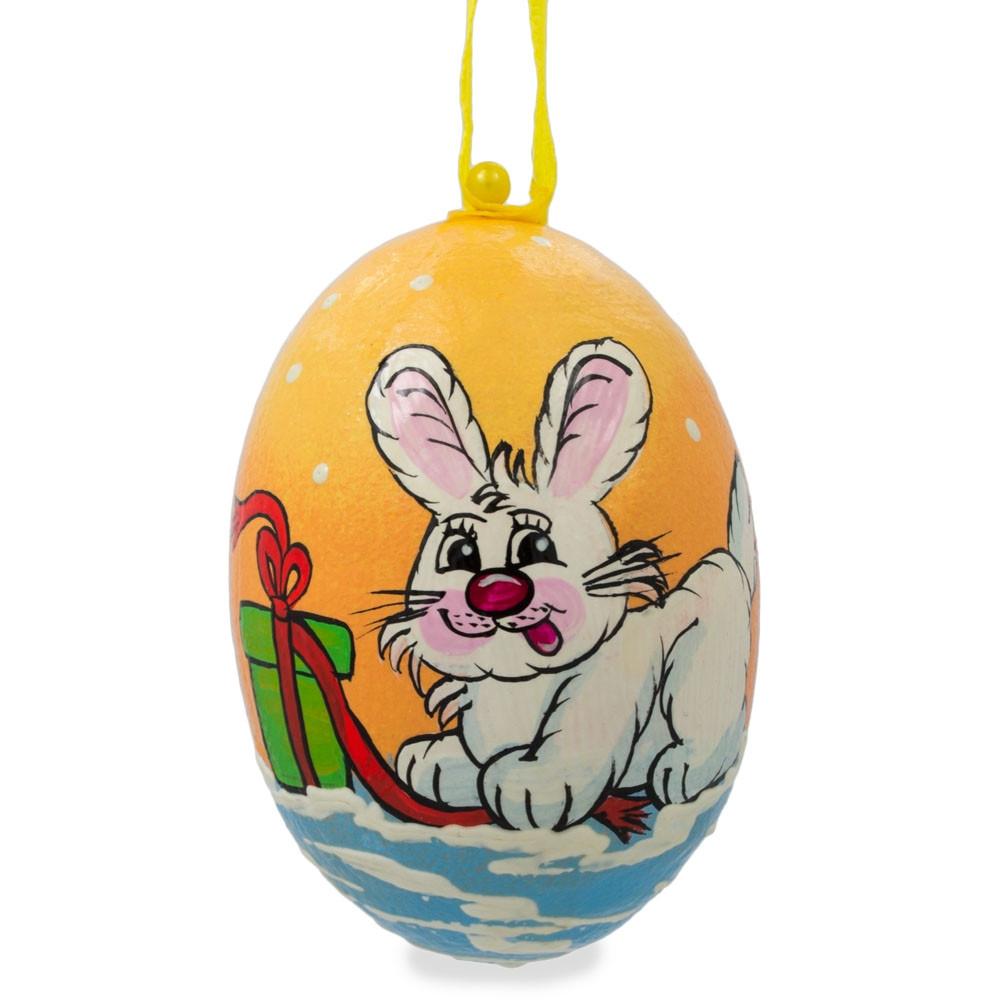 White Bunny with Gift Wooden Christmas Ornament in Multi color Oval