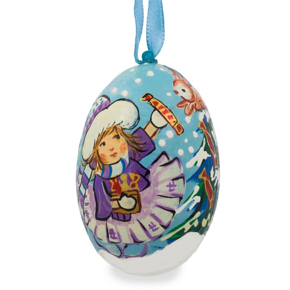 Girl Giving Candy to Squirrel Wooden Christmas Ornament in Multi color, Oval shape