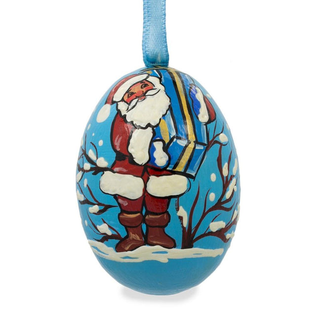 Santa with Large Gift Wooden Christmas Ornament 3 Inches in Blue color, Oval shape
