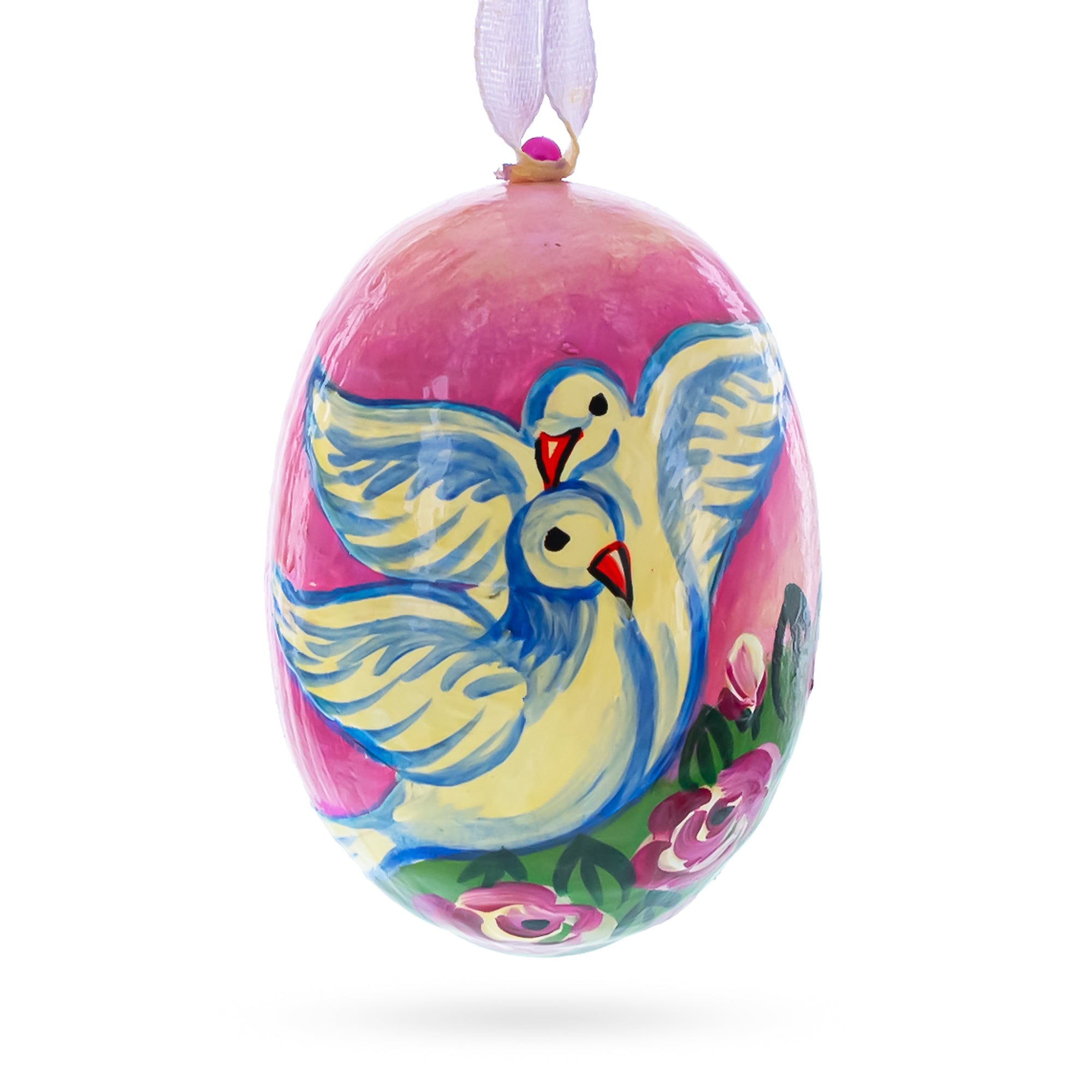 Two White Dove Birds in Love Wooden Christmas Ornament 3 Inches in Pink color Oval