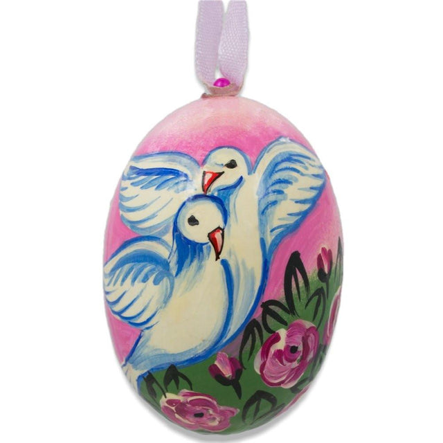 Two White Dove Birds in Love Wooden Christmas Ornament 3 Inches in Multi color, Oval shape