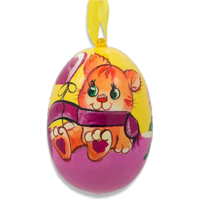 Cat with Balloon and Roses Wooden Christmas Ornament 3 Inches in Multi color, Oval shape