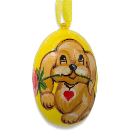 Yellow Labrador Dog with Flower Wooden Christmas Ornament 3 Inches in Yellow color, Oval shape