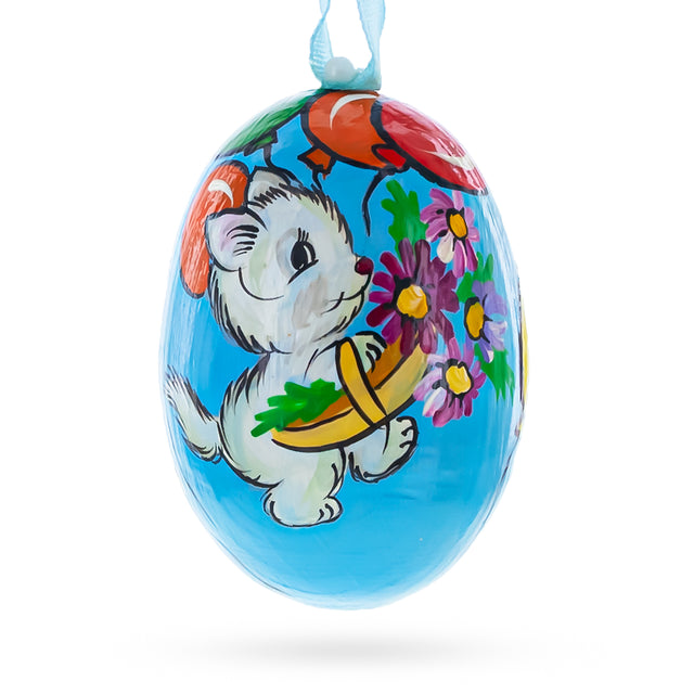 Cat with Balloon and Flowers Wooden Christmas Ornament 3 Inches in Multi color Oval