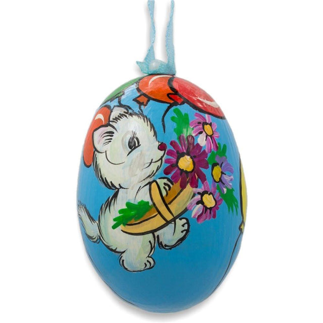 Wood Cat with Balloon and Flowers Wooden Christmas Ornament 3 Inches in Multi color Oval