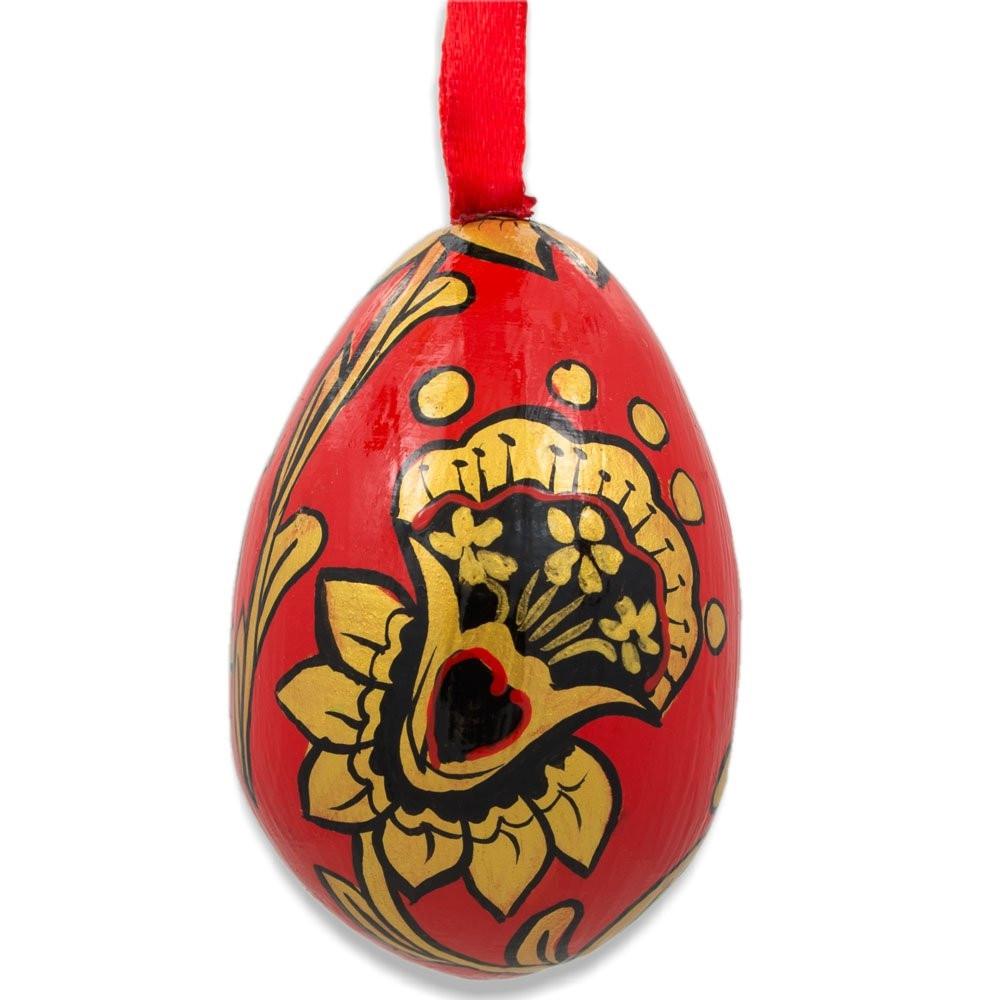 Khokhloma Golden Flowers Wooden Egg Easter Ornament 3 Inches in Red color Oval