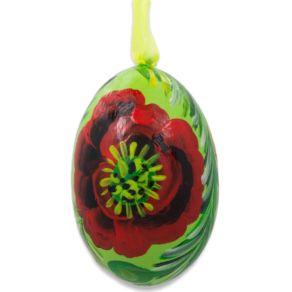 Red Flowers on Green Wooden Egg Easter Ornament 3 Inches in Green color Oval