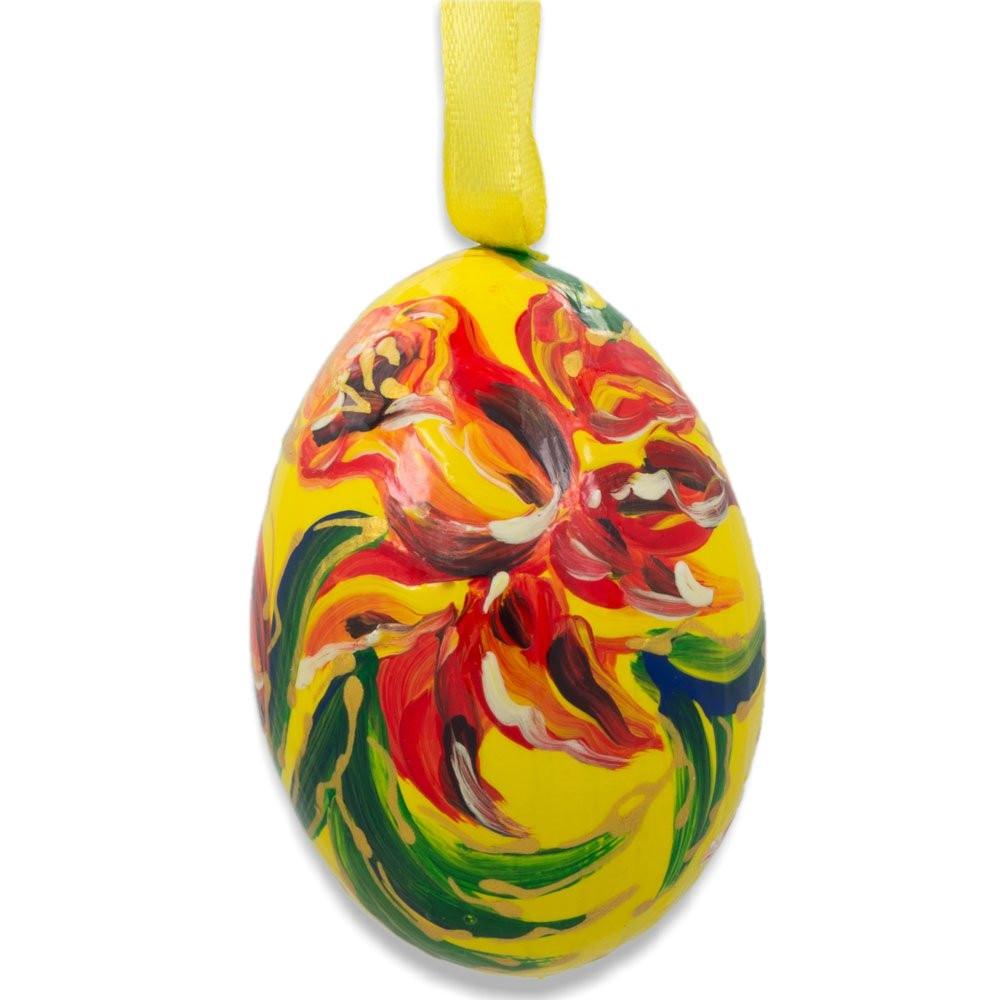 Red Flower on Yellow Wooden Egg Easter Ornament 3 Inches in Yellow color Oval