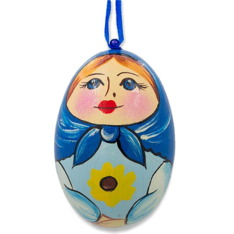Wood Nesting Doll  Blue Scarf Wooden Egg Ornament 3 Inches in Blue color Oval