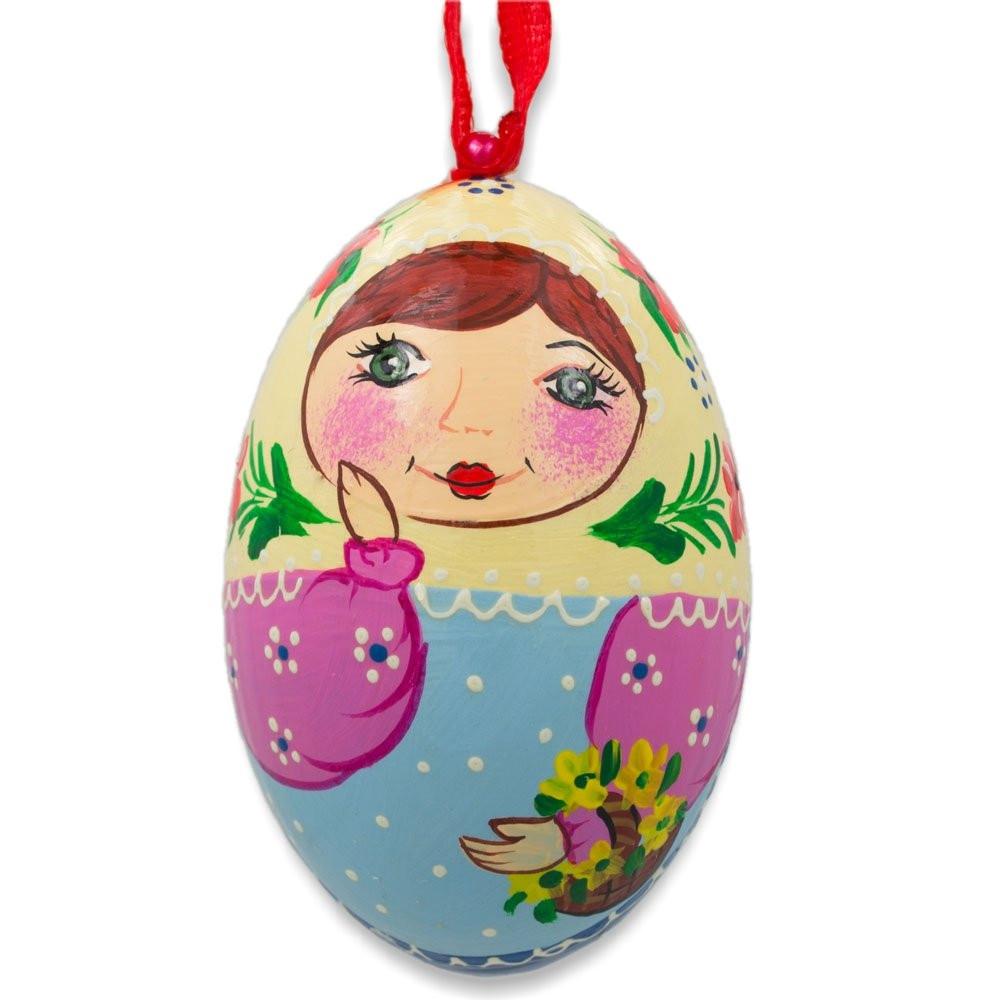 Nesting Doll  Floral Scarf Wooden Egg Ornament 3 Inches in Multi color, Oval shape