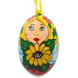 Doll with Sunflower Wooden Egg Ornament 3 Inches in Multi color Oval