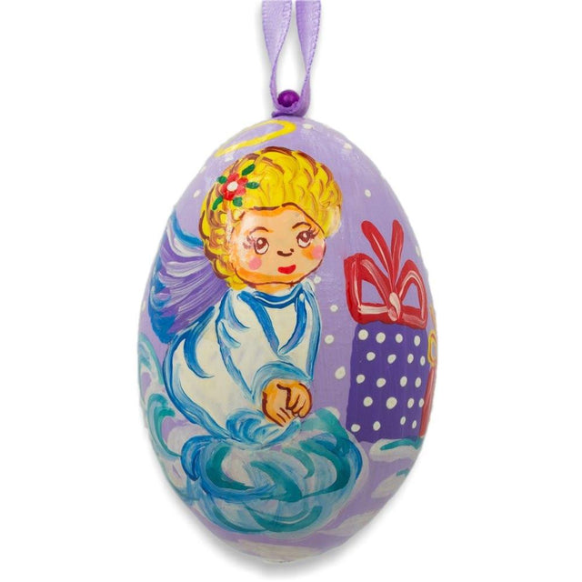 Wood Angel on Cloud with Gift Wooden Christmas Ornament 3 Inches in Multi color Oval