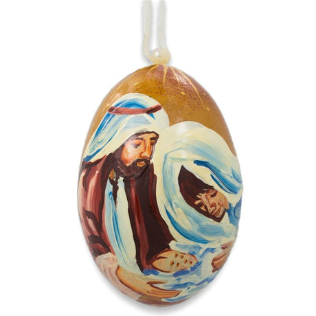 Mary with Joseph Overlooking Jesus Wooden Christmas Ornament 3 Inches in Multi color Oval