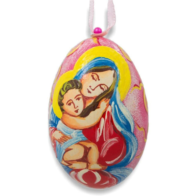 Mary and Jesus Wooden Christmas Ornament 3 Inches in Multi color, Oval shape
