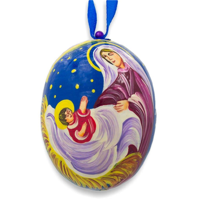 Mary Overlooking Jesus Wooden Christmas Ornament 3 Inches in Multi color, Oval shape