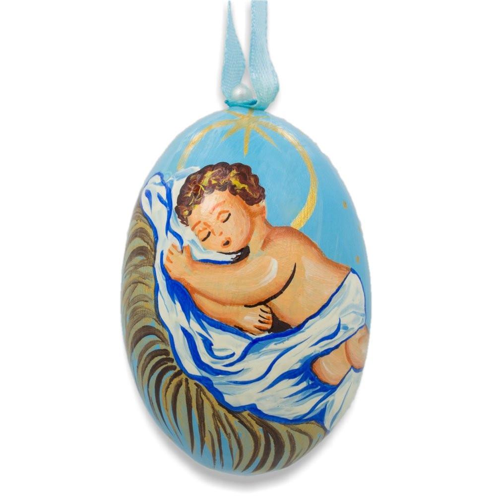 Newborn Jesus Sleeping Wooden Christmas Ornament 3 Inches in Multi color, Oval shape