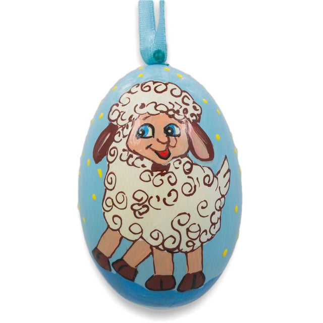Smiling Lamb Wooden Christmas Ornament 3 Inches in Multi color, Oval shape
