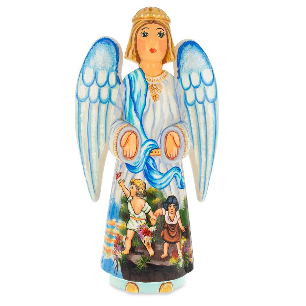 Guardian Angel over Children Ukrainian Hand Carved Solid Wood Figurine 10 Inches in Multi color,  shape