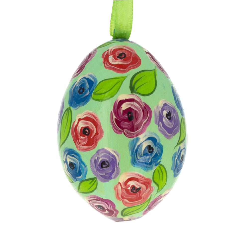 Blue, Red and Purple Flowers Wooden Egg Easter Ornament 3 Inches in Green color Oval