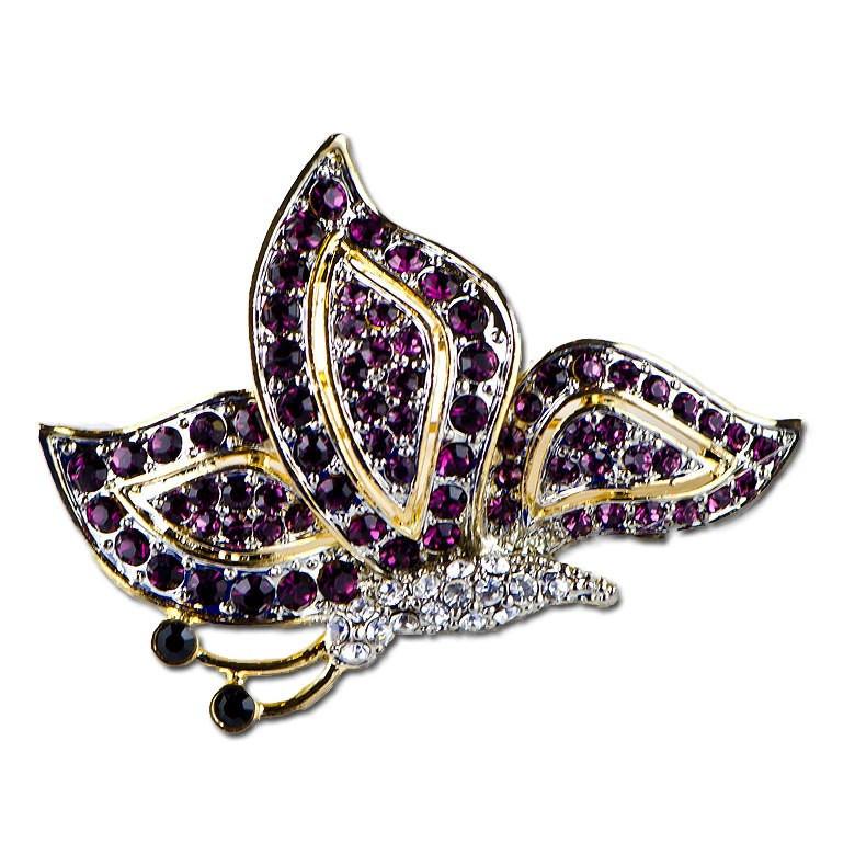 Glistening Wings: Ruby Jeweled Butterfly Pewter Brooch in Multi color,  shape