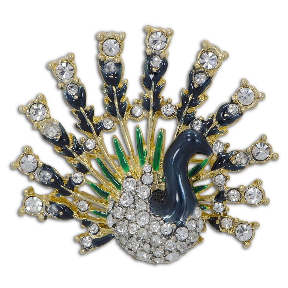 Pewter Glistening Peacock: Austrian Crystal & Enamel Brooch Pin in Multi color