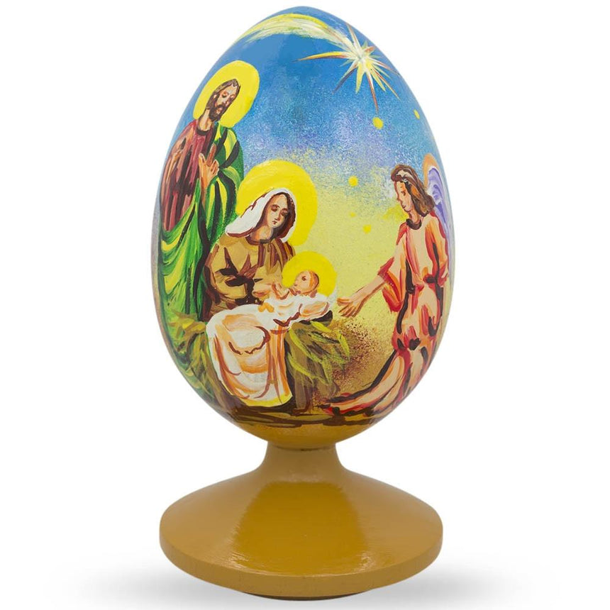 Nativity Scene with Angel Wooden Egg Figurine 4.75 Inches in Multi color Oval