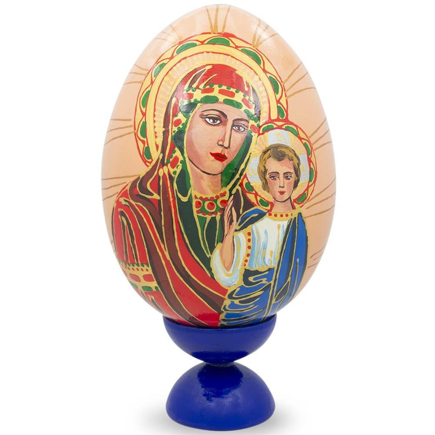 Virgin Mary and Jesus Icon Wooden Easter Egg Figurine 7.25 Inches in Multi color Oval