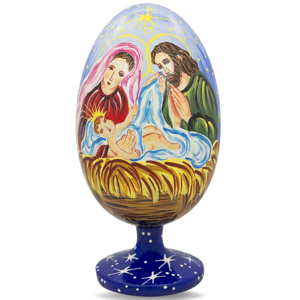 Mary Overlooking Jesus Nativity Scene Wooden Egg Figurine 4.75 Inches in Multi color Oval