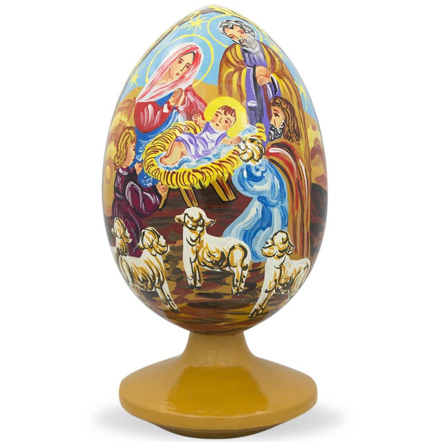 Virgin Mary, Joseph, Jesus, 3 Kings & Lambs Nativity Scene Wooden Egg 4.75 Inch in Multi color, Oval shape