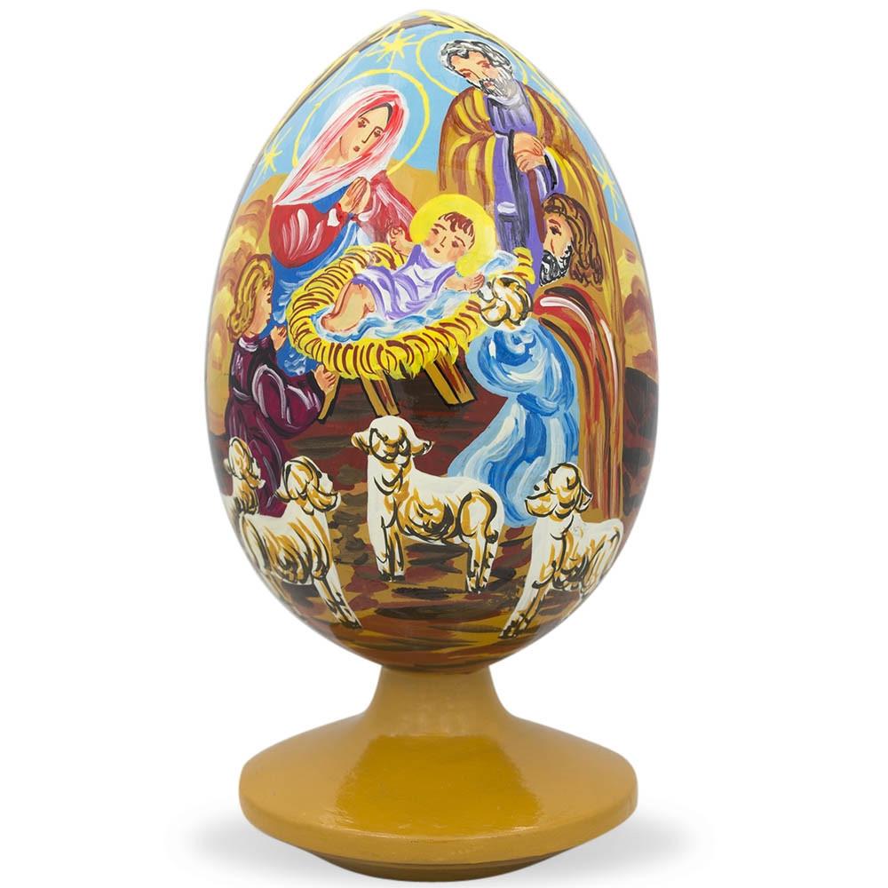 Wood Virgin Mary, Joseph, Jesus, 3 Kings & Lambs Nativity Scene Wooden Egg 4.75 Inch in Multi color Oval