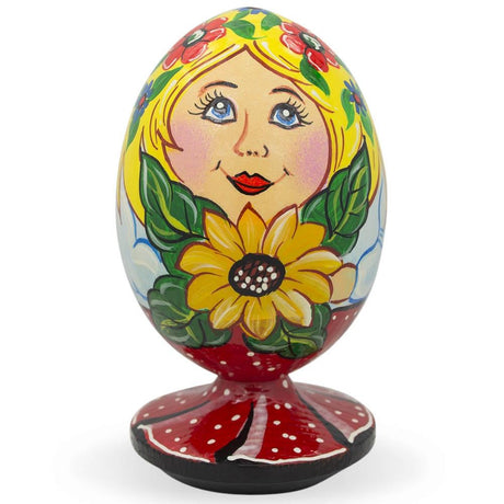 Ukrainian Girl with Sunflower Wooden Egg Figurine in Multi color, Oval shape