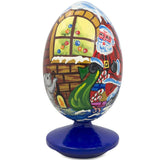 Santa Claus, Bunny Reindeer Looking at the Christmas Tree Wooden Egg 4.75 Inch in Multi color Oval
