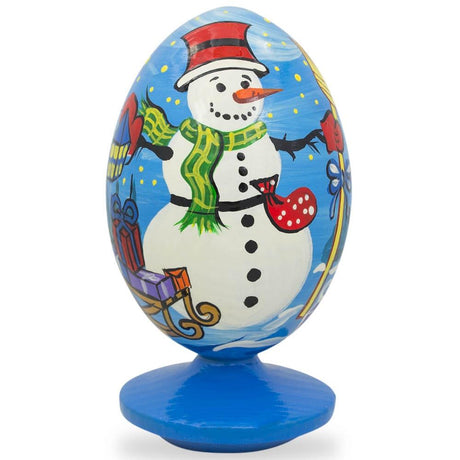 Snowman With Christmas Gifts Wooden Figurine in Blue color, Oval shape