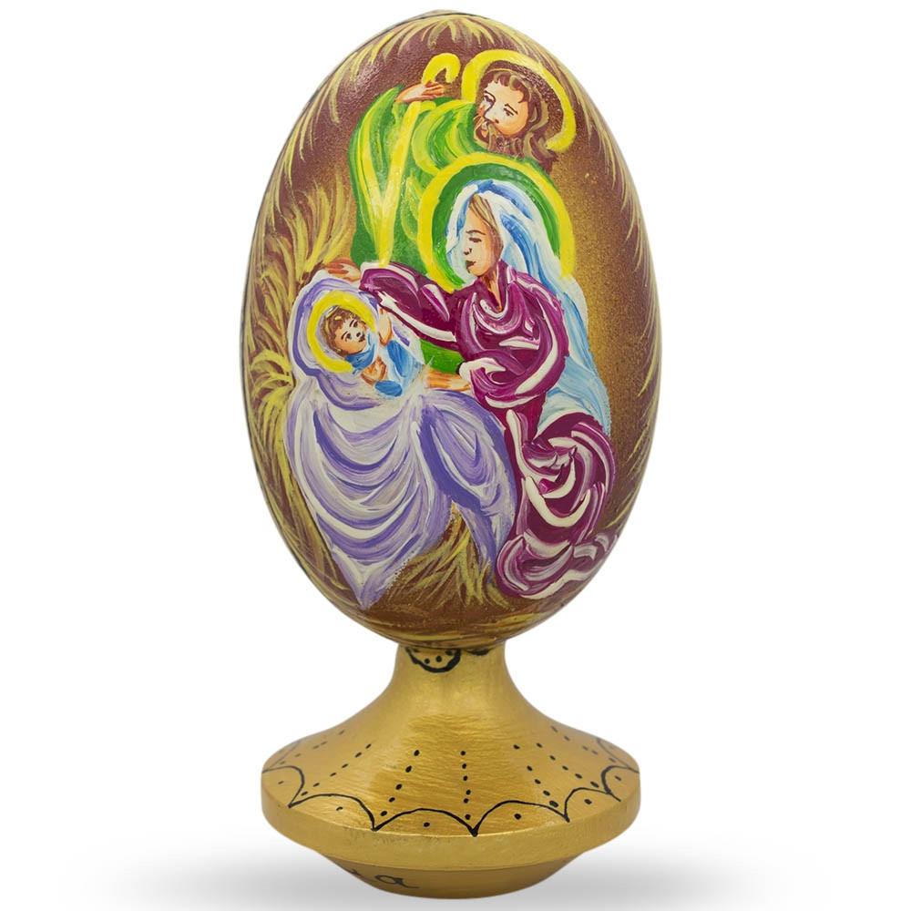 Holy Family Overlooking Newborn Jesus Wooden Figurine 4.75 Inches in Multi color Oval