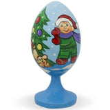 Boy and Dog Decorating Christmas Tree Wooden Figurine in Blue color Oval
