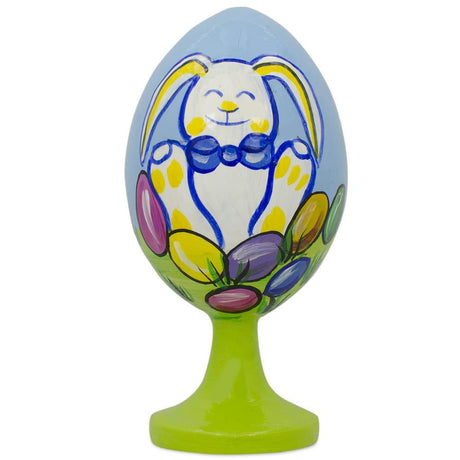 Bunny on Easter Egg Wooden Figurine in Multi color, Oval shape