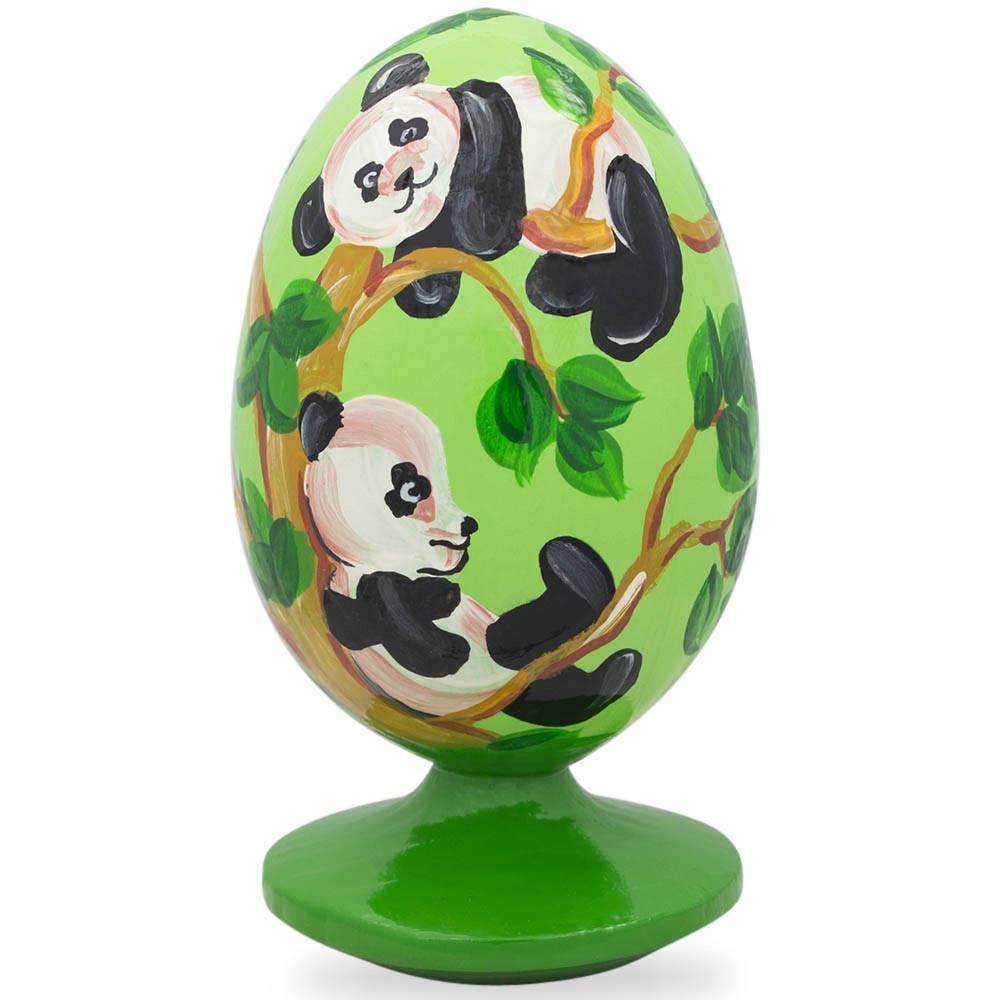 Two Panda Bears on Bamboo Tree Wooden Figurine in Green color Oval