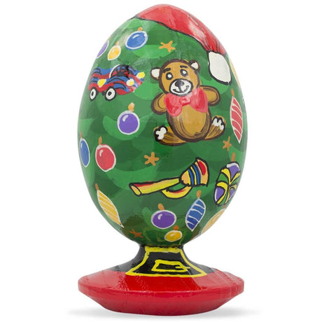 Christmas Tree with Teddy Bear and Toy Ornaments Wooden Egg Figurine in Green color, Oval shape