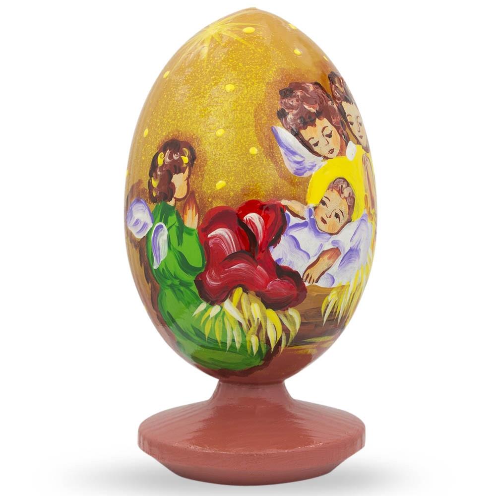 Guardian Angels Overlooking Newborn Jesus Wooden Figurine in Multi color Oval
