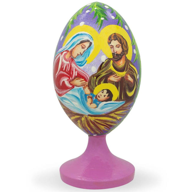 Wood Holy Family with Baby Jesus and Christmas Bells Wooden Easter Egg Figurine in Multi color Oval