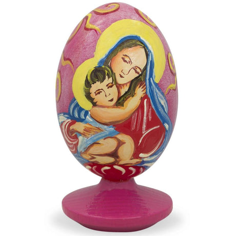 Mary Holding Jesus Wooden Figurine in Red color, Oval shape