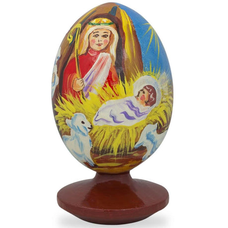 Nativity Scene with Angel and Lambs Wooden Figurine in Multi color, Oval shape