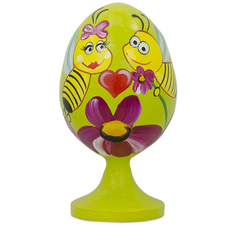 Wood Bees in Love with Valentine's Heart Wooden Easter Egg Figurine in Multi color Oval