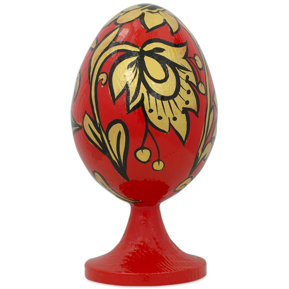 Golden Flowers Wooden Easter Egg Figurine in Red color, Oval shape