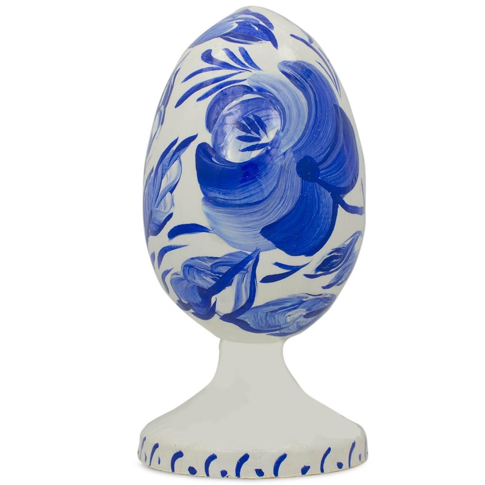 Wood Blue Flower Wooden Easter Egg Figurine in Blue color Oval