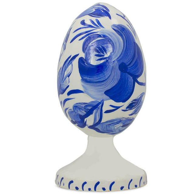 Blue Flower Wooden Easter Egg Figurine in Blue color, Oval shape