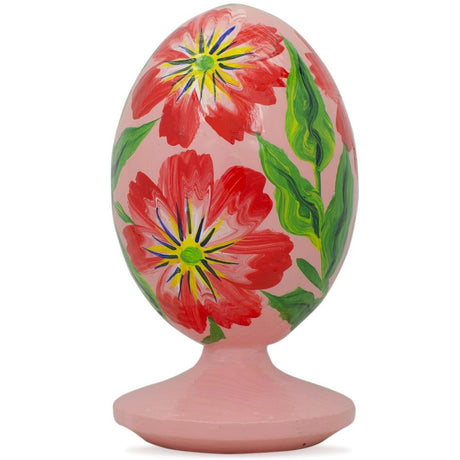 Red Flowers Wooden Easter Egg Figurine in Pink color, Oval shape