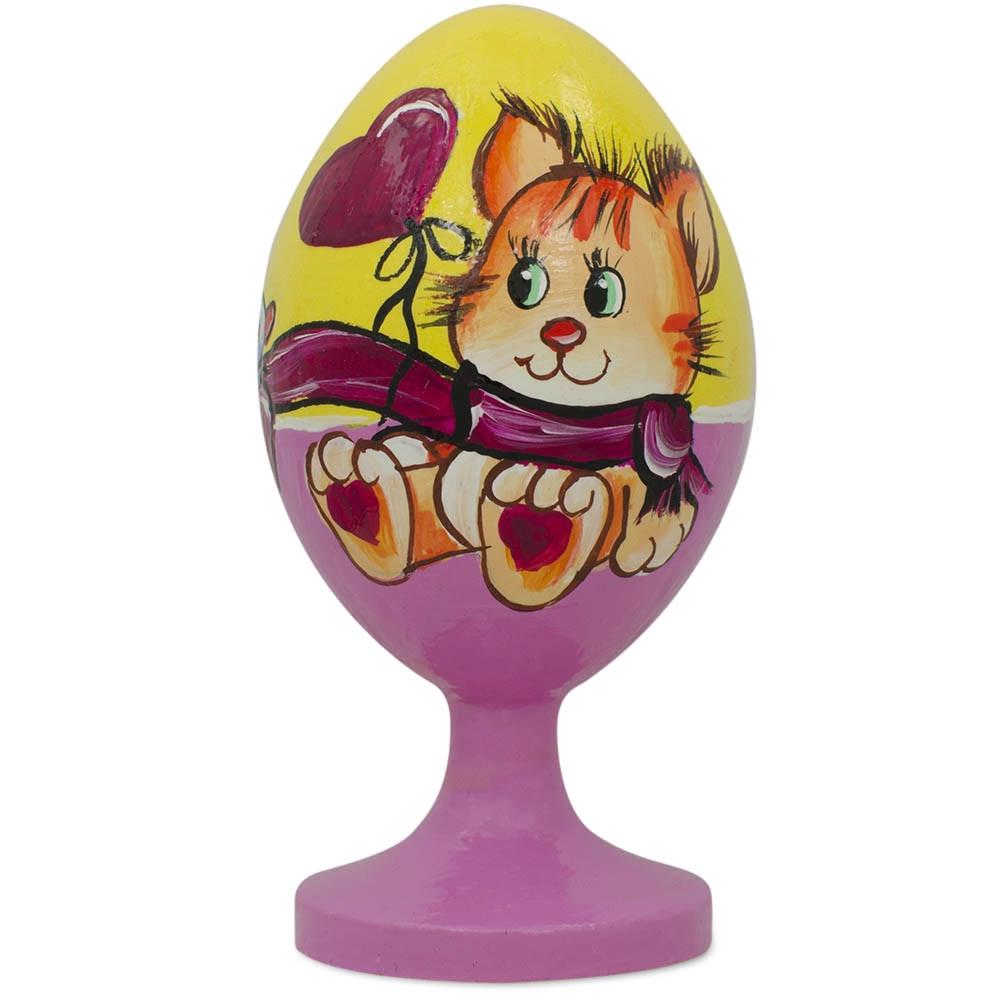 Cat with Valentine's Day Bouquet Wooden Figurine in Multi color, Oval shape