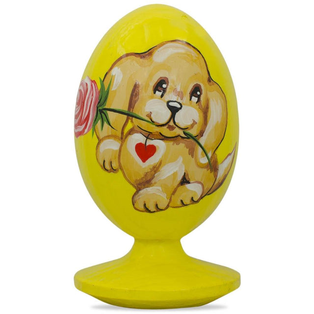 Valentine's "Love Me" Puppy Dog with Rose Wooden Figurine in Yellow color, Oval shape