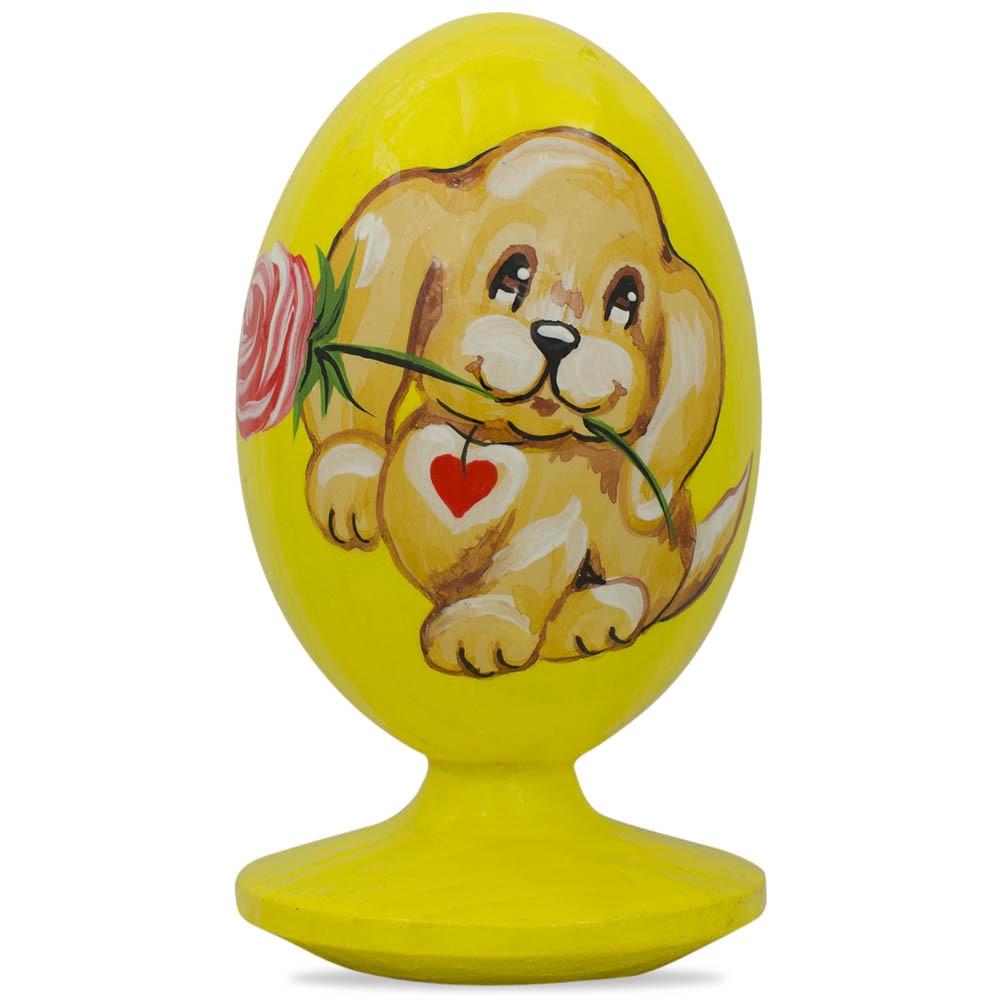 Valentine's "Love Me" Puppy Dog with Rose Wooden Figurine in Yellow color Oval